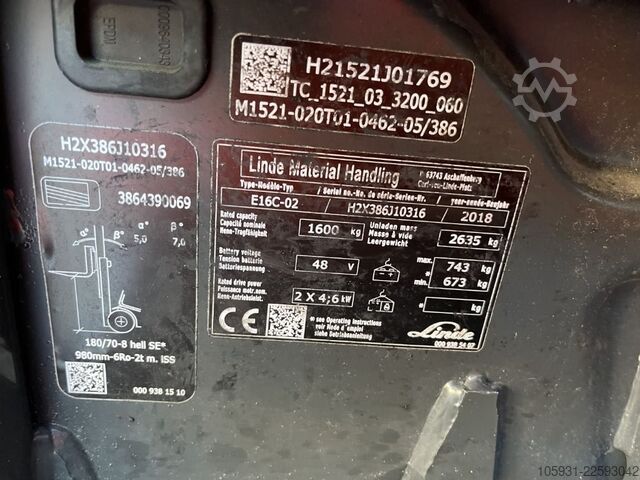 Electric 3-wheel forklift Linde E16C-02