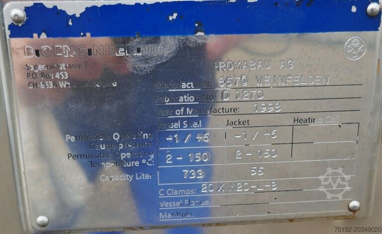 733 litre heatable/coolable pressure vessel made of V4A with propeller agitator. Bioengineering B0057