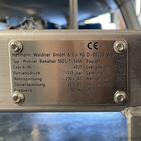 1015 liter mobile pharmaceutical pressure vessel made of V2A with magnetic agitator Waldner K0168