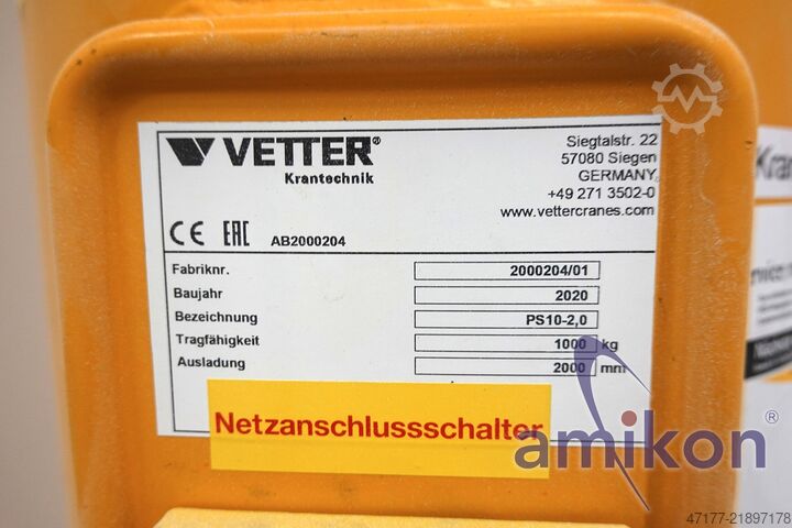 Pillar Slewing Crane 1000 kg Industrial Crane Vetter PS10-2,0 1t
