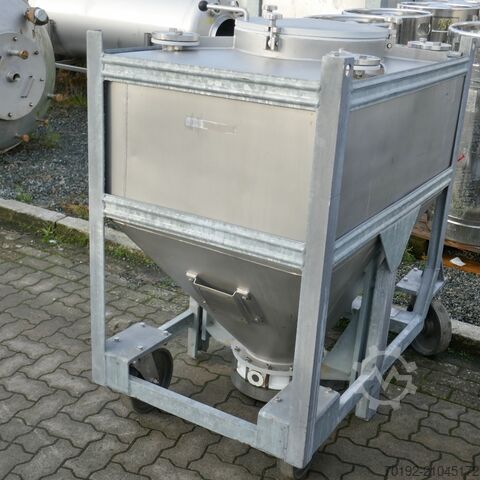 630 Liter fahrbarer Konuscontainer aus V4A mit Halar Innenbeschichtung Stöcklin 9777