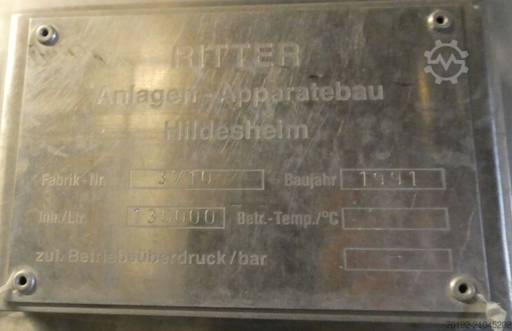 130000 Liter isolierter Lagertank aus V2A mit Propellerrührwerk Ritter (HBB Hildesheimer Behälterbau) K0124