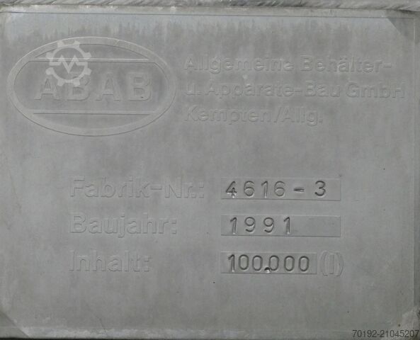 100000 Liter isolierter Lagertank aus V2A mit Propellerrührwerk ABAB Allgemeine Behälter- u. Apparate Bau K0123