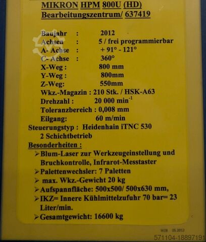 Machining center Mikron HPM 800U