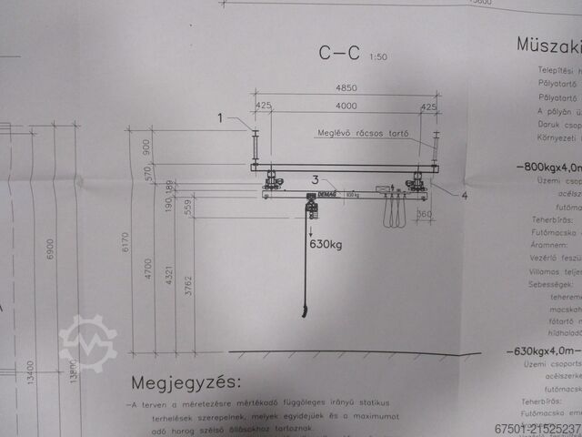 Hallenkran Kran Brückenkran DEMAG  800 kg + 630 kg  + Laufschiene (3456)