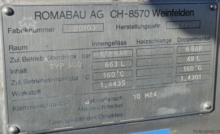 663 liter heat-/coolable pharmacy pressure tilting vessel, Aisi 316 with 2 agitators ROMABAU AG 9911