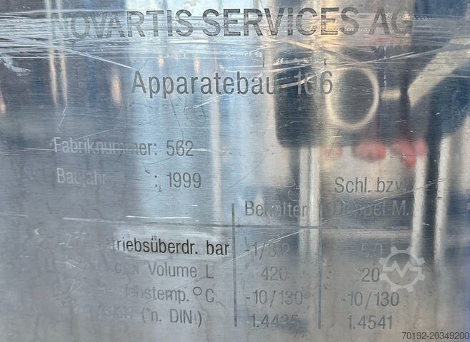 420 litre heatable/coolable pressure vessel made of V4A with insulating jacket  9865