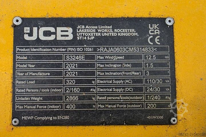 Scherenhebebühne JCB S3246E Electric, 12m Working Height, 320kg Capacit