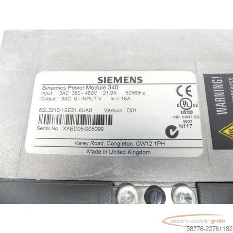 Component Siemens 6SL3210-1SE21-8UA0 Sinamics Power Module 340 SN: XABD05-005099