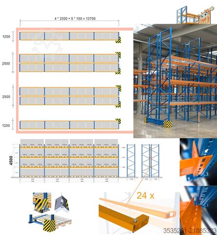 Pallet rack TOTAL-REGAL / nedcon (3300) ca.82 m, 4,5 m hoch, 30 R.,144 Tr. 3 Eb.