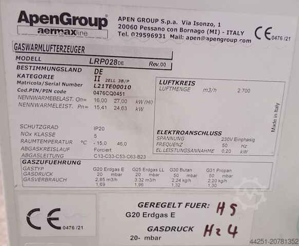 Warmlufterzeuger Hallenheizung 24,63 kW ApenGroup LRP28DE