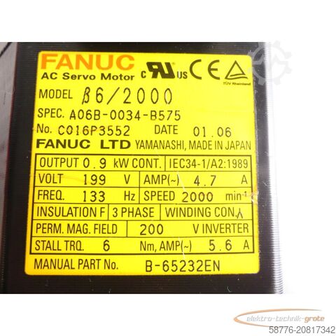 Steuerung Fanuc A06B-0034-B575 AC Servomotor SN: C016P3552 mit Pulsecoder