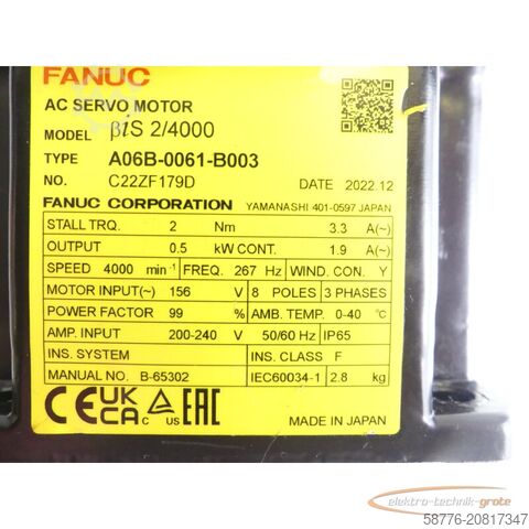 Steuerung Fanuc A06B-0061-B003 AC Servomotor SN: C22ZF179D mit Pulsecoder A860-2020-T301