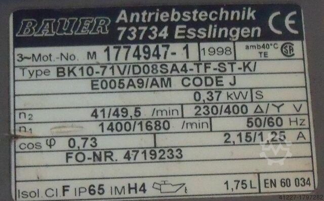 Gear motor 0.37 kW 41 rpm BAUER BK10-71V