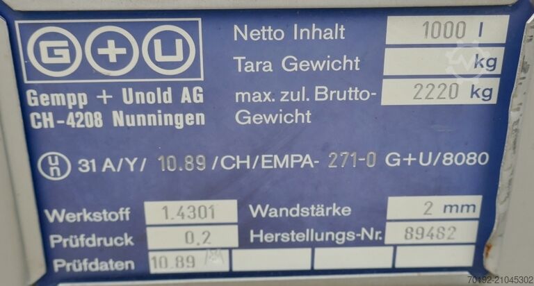 1000 liter IBC container made of V2A Gempp & Unold AG 9744