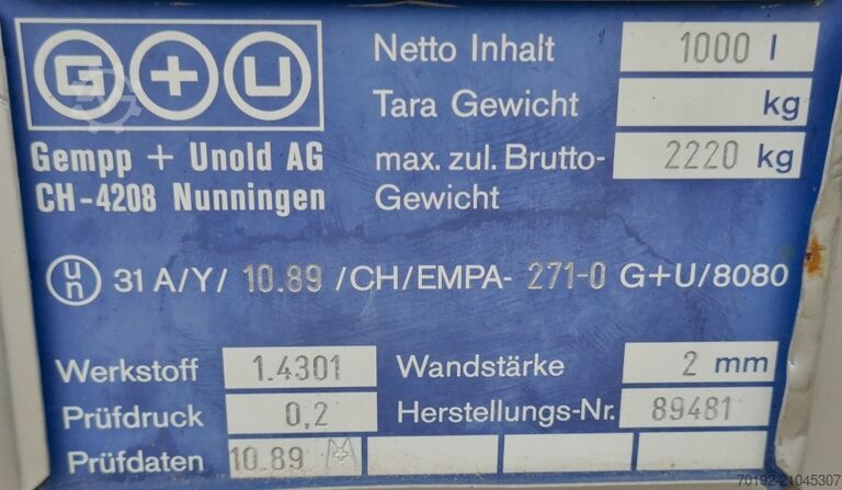 1000 liter IBC container made of V2A Gempp & Unold AG 9743