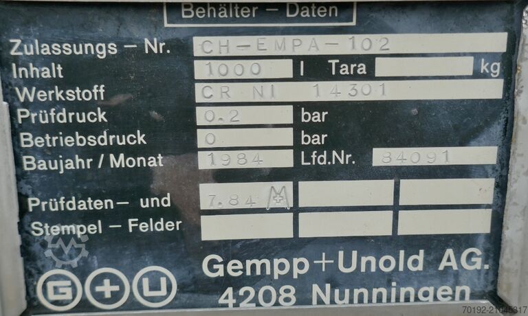 1000 liter container made of V2A Gempp & Unold AG 9740