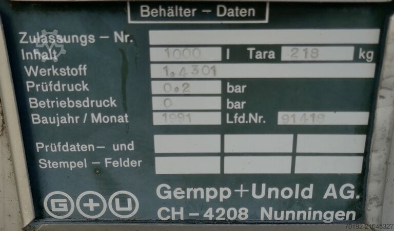 1000 liter container made of V2A Gempp & Unold AG 9736