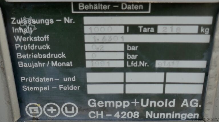 1000 liter container made of V2A Gempp & Unold AG 9736