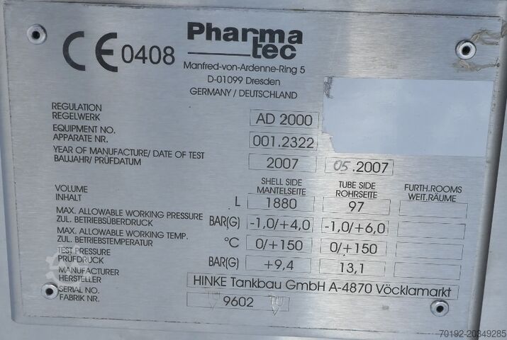 1880 Liter heat-/coolable pressure tank, Aisi 316 with magnetic agitator 9628