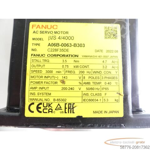 Steuerung Fanuc A06B-0063-B303 AC Servomotor SN: C228F35DE mit Pulsecoder 860-2020-T301