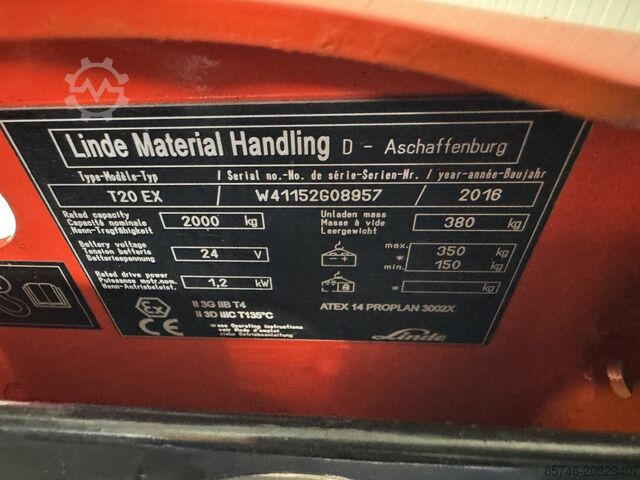 T 20 * DEMO !! Atex Proplan EX 3GD / Zone 2 & 22 !! Kippgabeln !! NEUE Batterie !! LINDE T 20 * DEMO !! Atex Proplan EX 3GD / Zone 2 & 22 !! Tilting Forks !! NEW battery !!