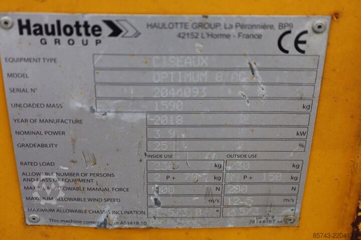 Scissor lift Haulotte Optimum 8 As-Is, Electric, 7.77m Working Height, 2