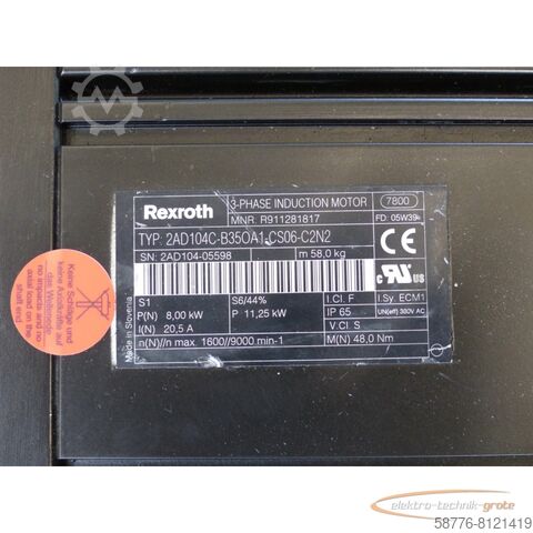 Rexroth motor Rexroth 2AD104C-B35OA1-CS06-C2N2 SN:2AD104-05598 generalüberholt mit 12 Monaten Gewährleistung