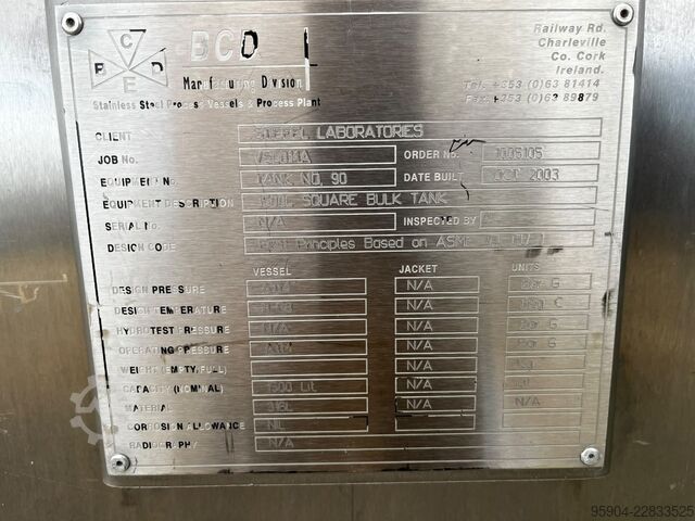 1500 Ltr Vessel / Tank 316 Stainless 316 Process Stainless Steel Tank 1500 Lt BCD Process Vessal