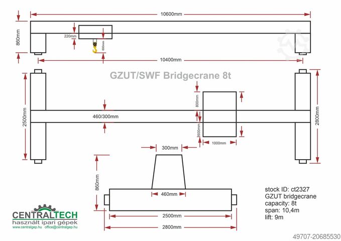 Brückenkran H:9m, Span:10.4m GZUT/SWF LNE 8t
