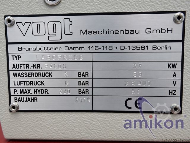660 kN 400x400 mm Baujahr 2019 Vogt Laborpresse P400S Heißpresse