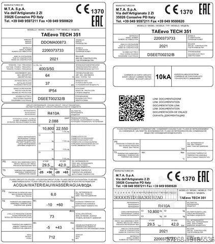 Chiller, water chiller, cooler MTA S.p.A., Kühlmaschinen TAEevo Tech 351 P5-offAD-Bypass – 66 kW