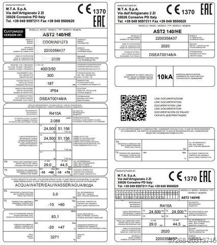 Chiller, water chiller unit, cooler, MTA S.p.A., Kühlmaschinen Aries TECH - AST2 140 HE -371 kW