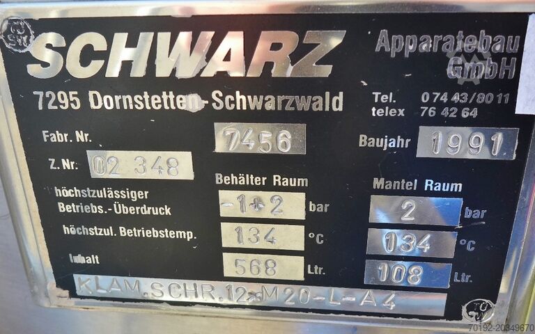 568 liter heatable/coolable pressure vessel made of V4A Schwarz 8544