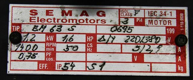 Electric motor 1.2 kW 1400 Rpm SEMAG EM63S
