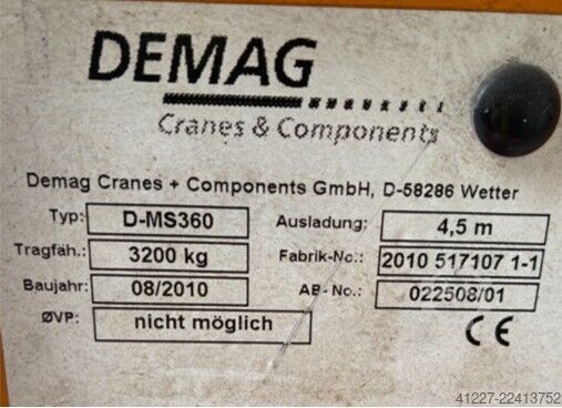 Column jib crane, boom 4.5 m / 3200 kg Demag D-MS360