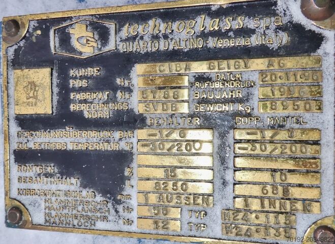 8250 liter technoglass enamelled reactor 6300 technoglass spa 8132