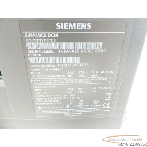Komponente Siemens Simens 6RA8025-6GS22-0AA0 SINAMICS DCM DC-Converter  SN: Q6H22450101