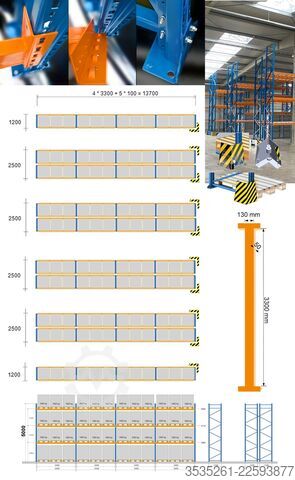 Palettenregal 10 x 13,7 m, 5 m hoch, 10 Schutzecken 50 Rahmen, 240 Traversen (3300) 3,25 t