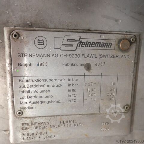 1300 liter heatable/coolable pressure vessel made of V4A Steinemann 8092