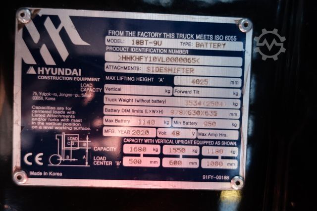 Front loader forklift HYUNDAI 18BT-9U  UVV  4,25m Hubh 1680kg Ladegerät