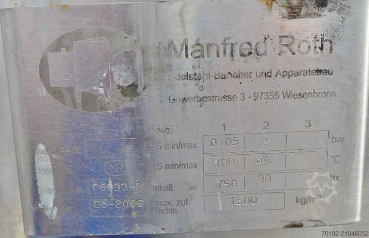 750 Liter heiz-/kühlbarer Konusbehälter aus V4A Manfred Roth 9292