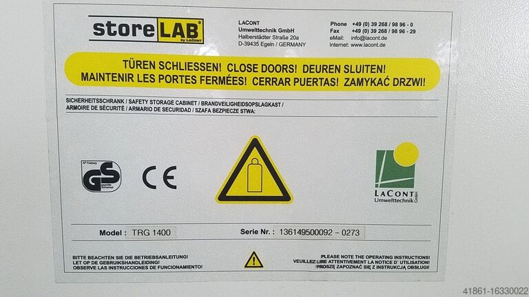 Safety cabinet for pressurized gas cylinder LACONT TRG 1400