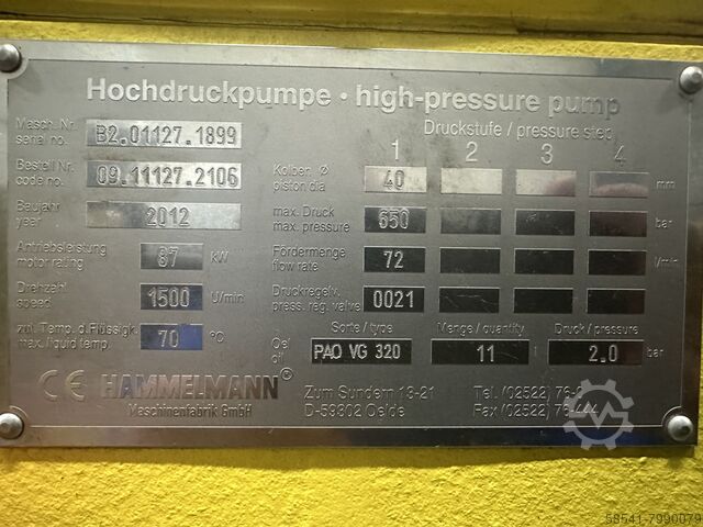 Hochdruck-Pumpenaggregat 650bar 72l/min Hammelmann HDP 127