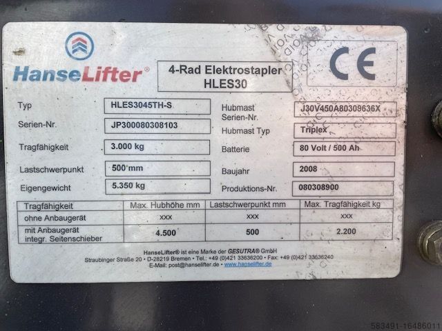 Elektro 4 Rad-Stapler Hanselifter HLES3045TH