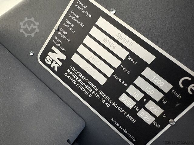 Stickmaschine ZSK Sprint 8 Freiarm, Kappe & Bordüre