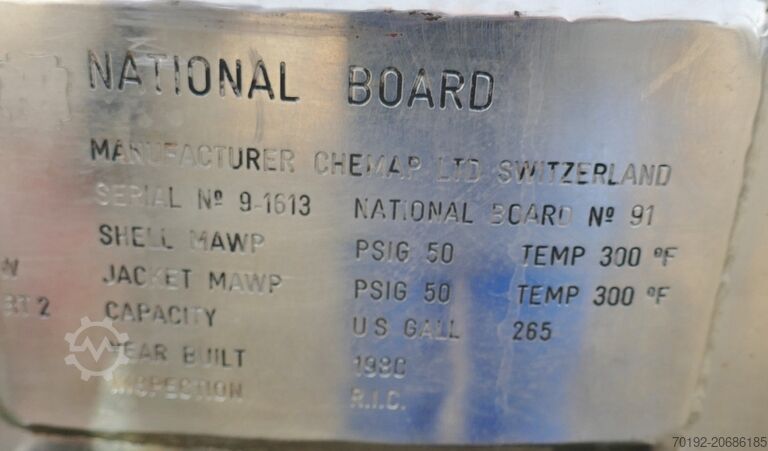 1000 Liter heiz-/kühlbarer Druckbehälter / Fermenter aus V4A mit Scheibenrührwerk CHEMAP AG B0071