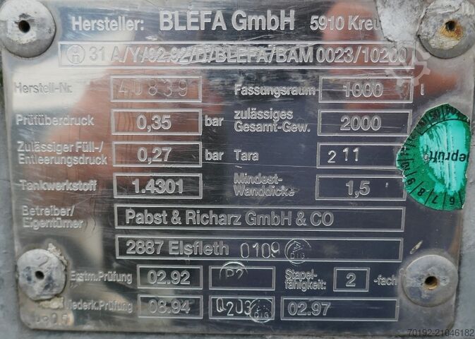1000 Liter IBC Container aus V2A Blefa 9169