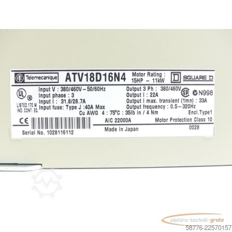 Component Telemecanique ATV18D16N4 ALTIVAR 18 Frequenzumrichter SN:1028116112