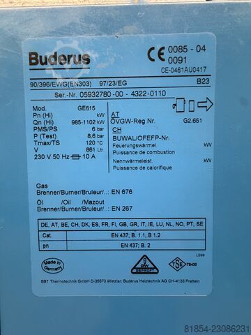 Niedertemperaturkessel Buderus Logano(Biogas) GE615/1102Kw Niedertemperatur